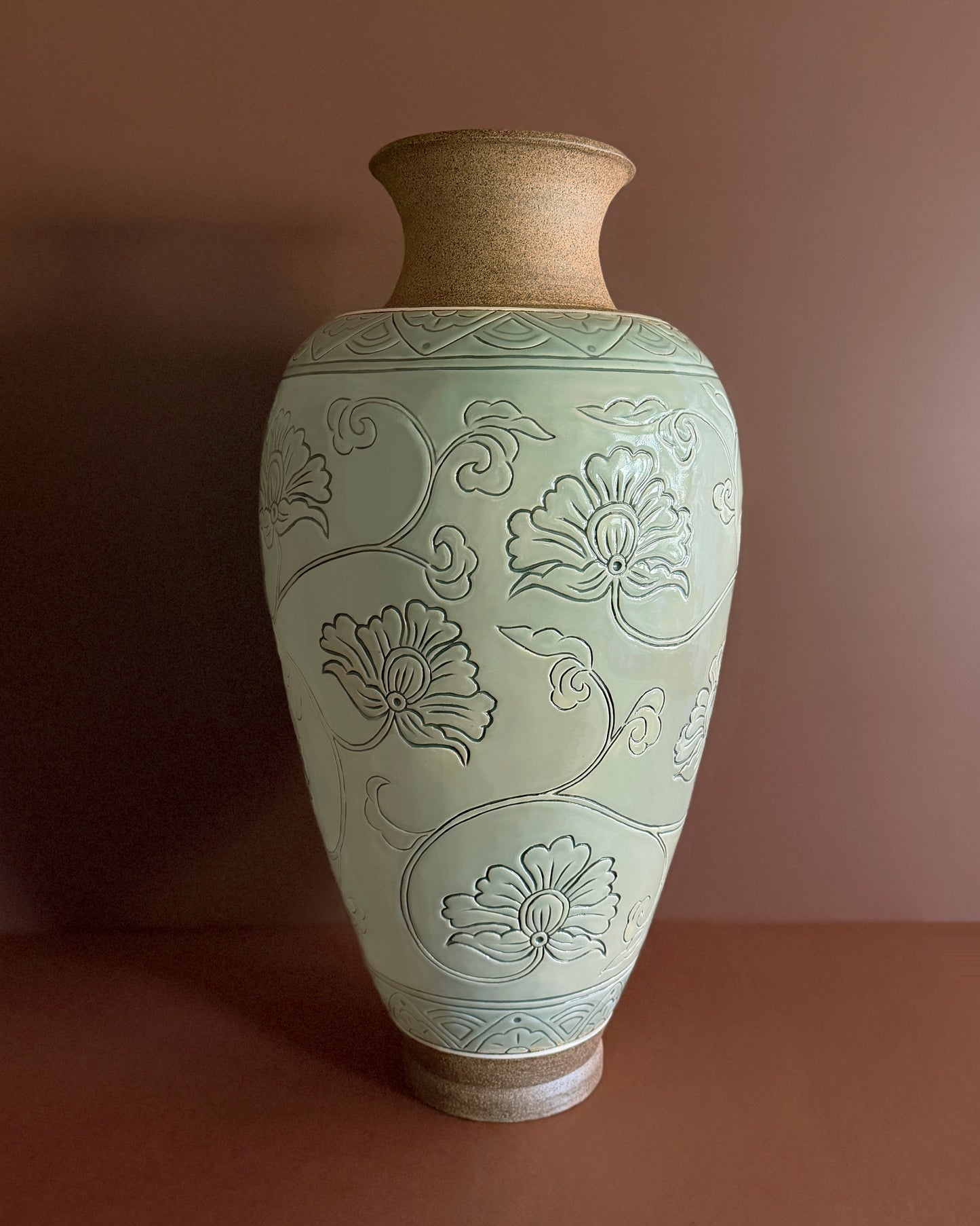 Large Floral Celadon Vase