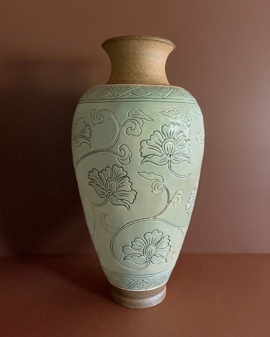 Large Floral Celadon Vase